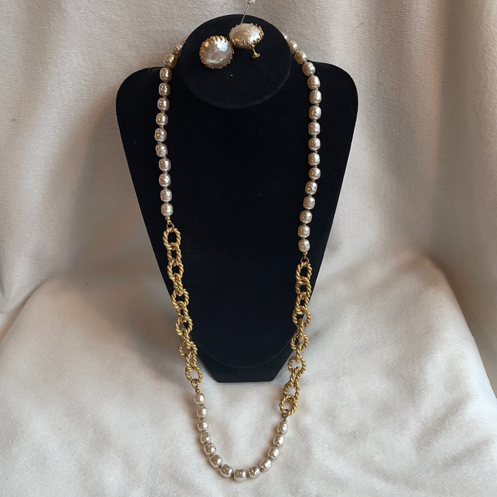 Miriam Haskell vintage pearl and gold link necklace and earring set
